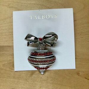 Silver Tone Talbots Bow Ornament Brooch With Red, Clear Rhinestones New Vintage